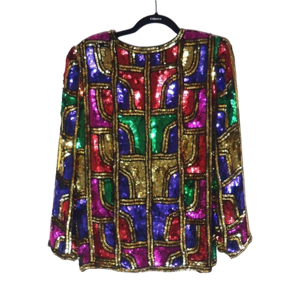 Vintage Sequin Jacket – Multicolor Geometric Beaded Silk Blazer – Size Small, Ha